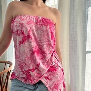 Vintage Y2K Touch Me Strapless Pink White Tie Die Asymmetrical Tube Top Size 1XL